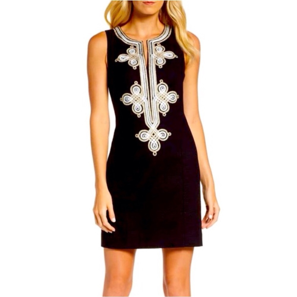 Lilly Pulitzer Mila Shift Black Dress with metallic Gold and Silver accents